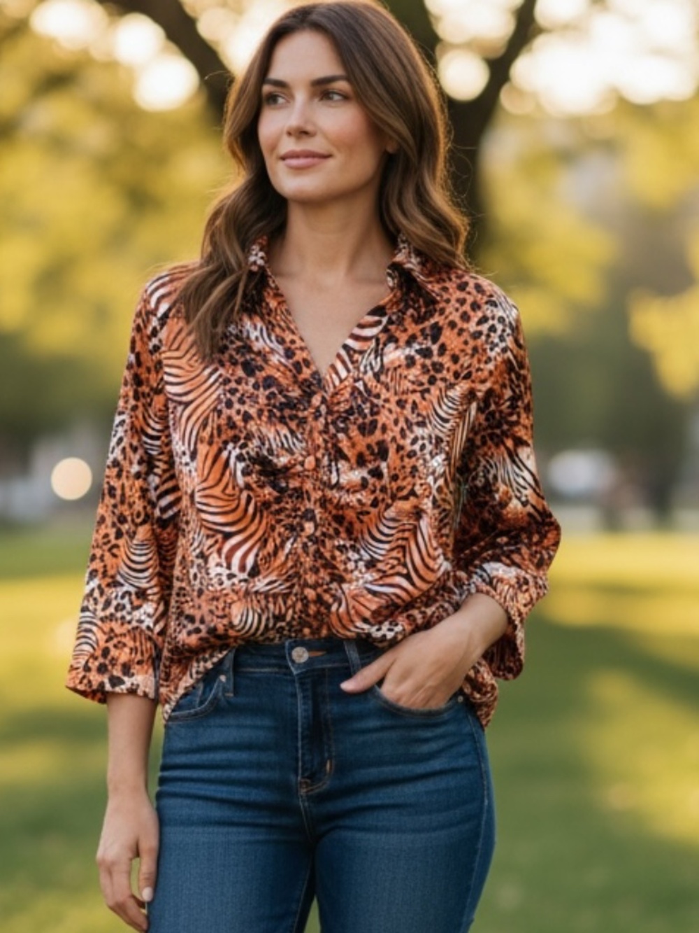 NWT • Essentials • Leopard Zebra Print • Ruched Snap Front Blouse • ,L